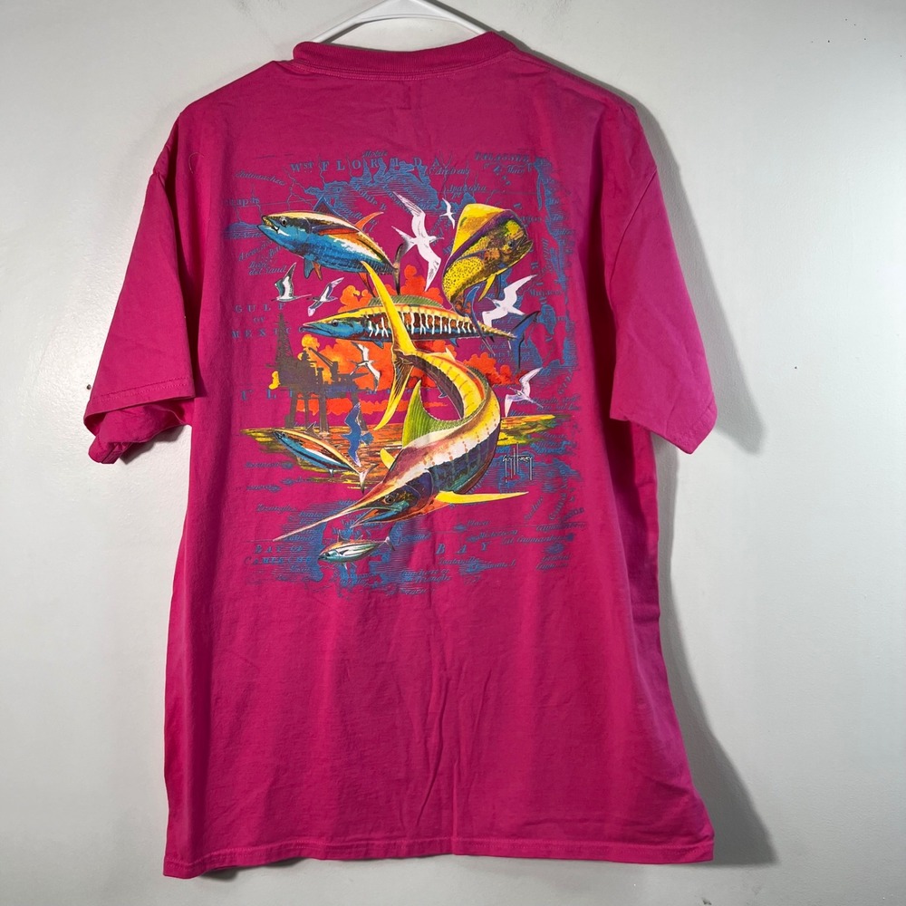Guy Harvey Mens Pink Fishing Graphic Pocket T-Shirt West Florida Map Size L - Picture 2 of 8